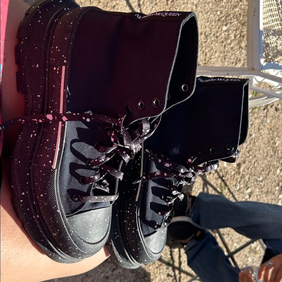 Alexander McQueen Black Combat Boots with Pink and White Splatter